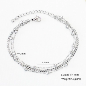 Detailed size view of triple-row gold beaded stainless steel bracelet with lobster clasp