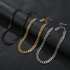 Thick stainless steel Cuban link chain necklaces in black, gold, and silver finishes