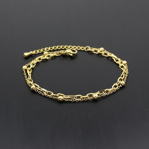 Minimalist double-layer golden stainless steel bracelet with metal beads and adjustable chain