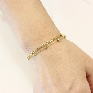 Waterproof gold stainless steel double-layered bracelet with paperclip and bead chains