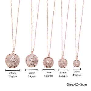 Detailed comparison showing rose gold coin necklace pendants in five diameter sizes