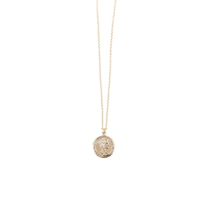 Detail of rose gold double-sided coin pendant featuring a vintage queen profile engraving