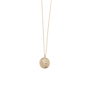 Macro detail of rose gold coin necklace featuring Queen Elizabeth II portrait and fine chain