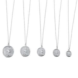 Five varying sizes of silver coin pendants featuring Queen Elizabeth II profile relief