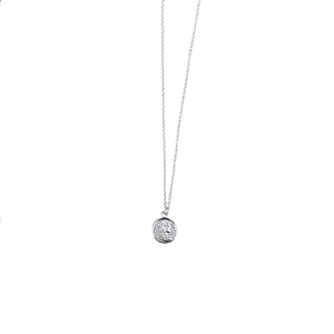 Detailed close-up of a silver coin pendant featuring a portrait relief and fine chain link