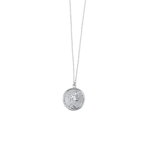 Detailed view of a silver coin pendant featuring a Queen Elizabeth II relief on a thin chain