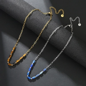 18K gold plated paperclip necklace featuring tiger eye and lapis lazuli stone beads