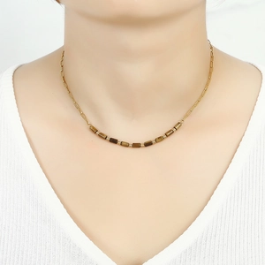 18K gold plated paperclip chain necklace with tiger eye stone beads on female model