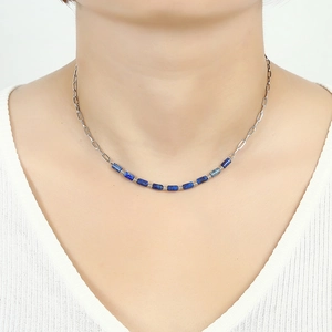 Lapis lazuli paperclip chain necklace in waterproof stainless steel on model