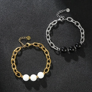 Bracciali a catena spessa in acciaio inossidabile oro e argento con perle nere e bianche