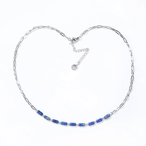 Silver paperclip chain necklace with blue lapis lazuli cylinder beads and lobster clasp