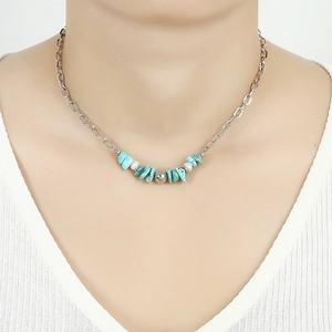 Wasserdichte Edelstahlkette mit Naturtürkis und Süßwasserperlen für Damen, edler Schmuck