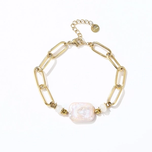 Bracciale a catena in acciaio inossidabile placcato oro 18K con perla d'acqua dolce barocca