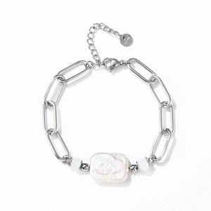 Bracciale a graffetta in acciaio inossidabile con perla barocca d'acqua dolce
