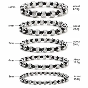 Stainless steel beaded bracelet set with black polished beads in various sizes