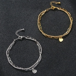 Bracciale a Doppio Strato in Acciaio Inossidabile per Donna Pendente a Cuore Catena a Graffetta Sfere Oro Argento Gioielli