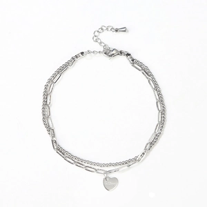 Bracciale a catena doppia in acciaio inossidabile con perline d'argento e ciondolo a cuore