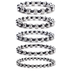 Waterproof stainless steel beaded bracelets in black and silver with knurled metal texture