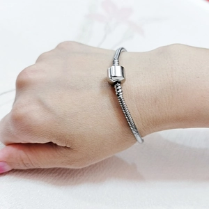 Dettaglio del bracciale a maglia serpente argento con chiusura a cilindro al polso