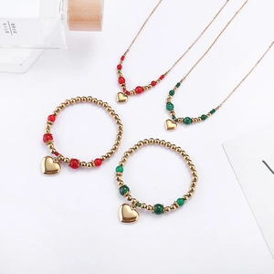 Parure de bijoux dorés en acier inoxydable avec perles colorées et pendentif cœur