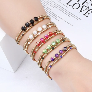 Bohemian Stainless Steel Gold Plated Beaded Bracelet For Women Colorful Cut Crystal Elastic Layered Fashion Jewelry