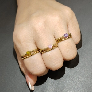 Elastic stainless steel beaded rings with colorful zircon gemstones in golden finish