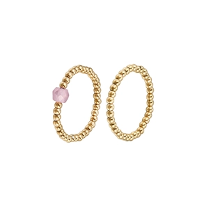 Detail of beaded gold ring set with a faceted pink crystal bead on white background