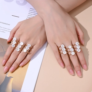 Waterproof gold beaded rings with white shell alphabet pendants for women