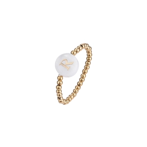Adjustable gold beaded ring featuring a white shell charm with gold letter R detail