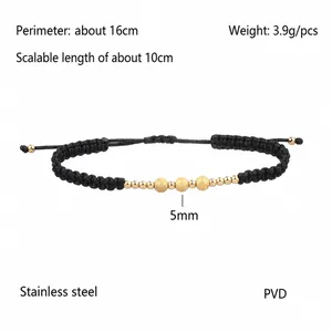 Adjustable black woven rope bracelet with three gold frosted stainless steel beads