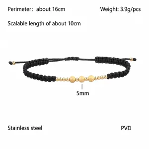 Bracciale regolabile in corda nera con tre perle in acciaio inossidabile dorato opaco