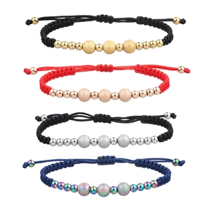 Adjustable woven bracelet set with frosted sand beads and durable stainless steel charms