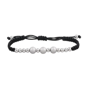 Detail of adjustable black woven rope bracelet with matte and polished silver beads