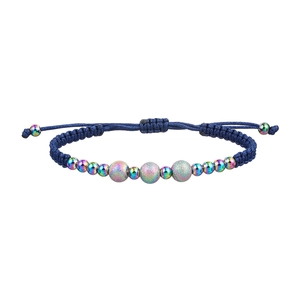 Detailed view of iridescent frosted beads on an adjustable navy woven cord bracelet