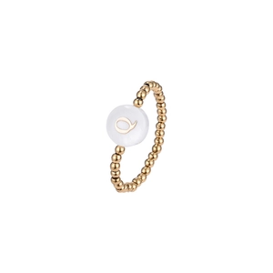 Detail of beaded elastic ring featuring a double-sided shell letter Q gold charm