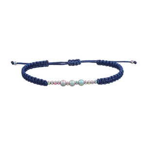 Detail of dark blue braided cord bracelet with matte iridescent and colorful metal beads