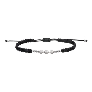 Detail of hand-woven black cord bracelet featuring matte silver beads and adjustable closure