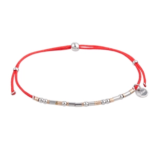 Adjustable Morse code red woven bracelet with gold and silver stainless steel beads