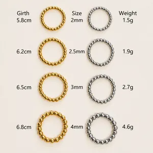 Size chart for stainless steel beaded rings showing girth, bead size, and weight details
