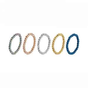 Five-piece set of colorful beaded stainless steel rings in metallic finishes