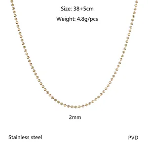 Macro detail of 2mm gold PVD stainless steel ball chain with 38+5cm length specs