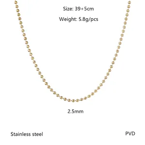Detail of a gold PVD coated stainless steel ball chain necklace, 2.5mm bead diameter