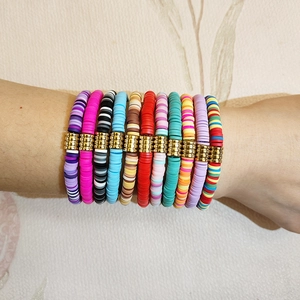 Bohemian colorful polymer clay disc bead bracelets with golden metal spacers for women
