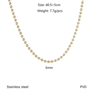 Detail of 3mm golden stainless steel bead chain necklace with 40.5+5cm adjustable length