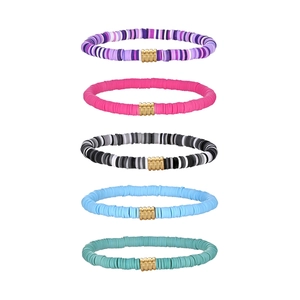 Five-piece set of colorful bohemian heishi clay bead bracelets with gold metal beads