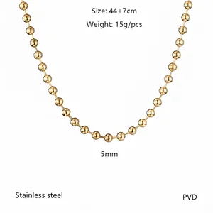 Detailed view of 5mm gold ball chain necklace in stainless steel with a PVD finish
