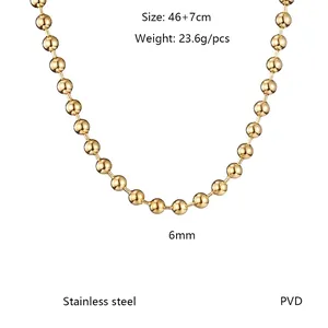 Detailed view of a 6mm gold hollow ball chain necklace made of PVD plated stainless steel