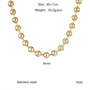 Detailed specs of 8mm gold stainless steel ball chain necklace with 49+7cm length