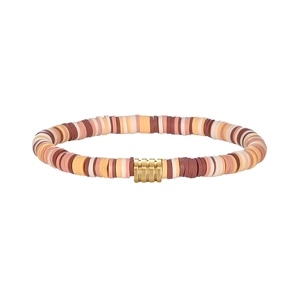 Detail of bohemian colorful heishi bead bracelet with golden metallic bead accents