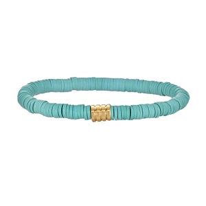 Detail of turquoise Heishi clay bead bracelet with a textured gold metal spacer bead